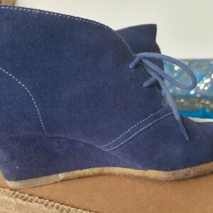 Clarks Navy Suede Lace-Up Wedge Booties